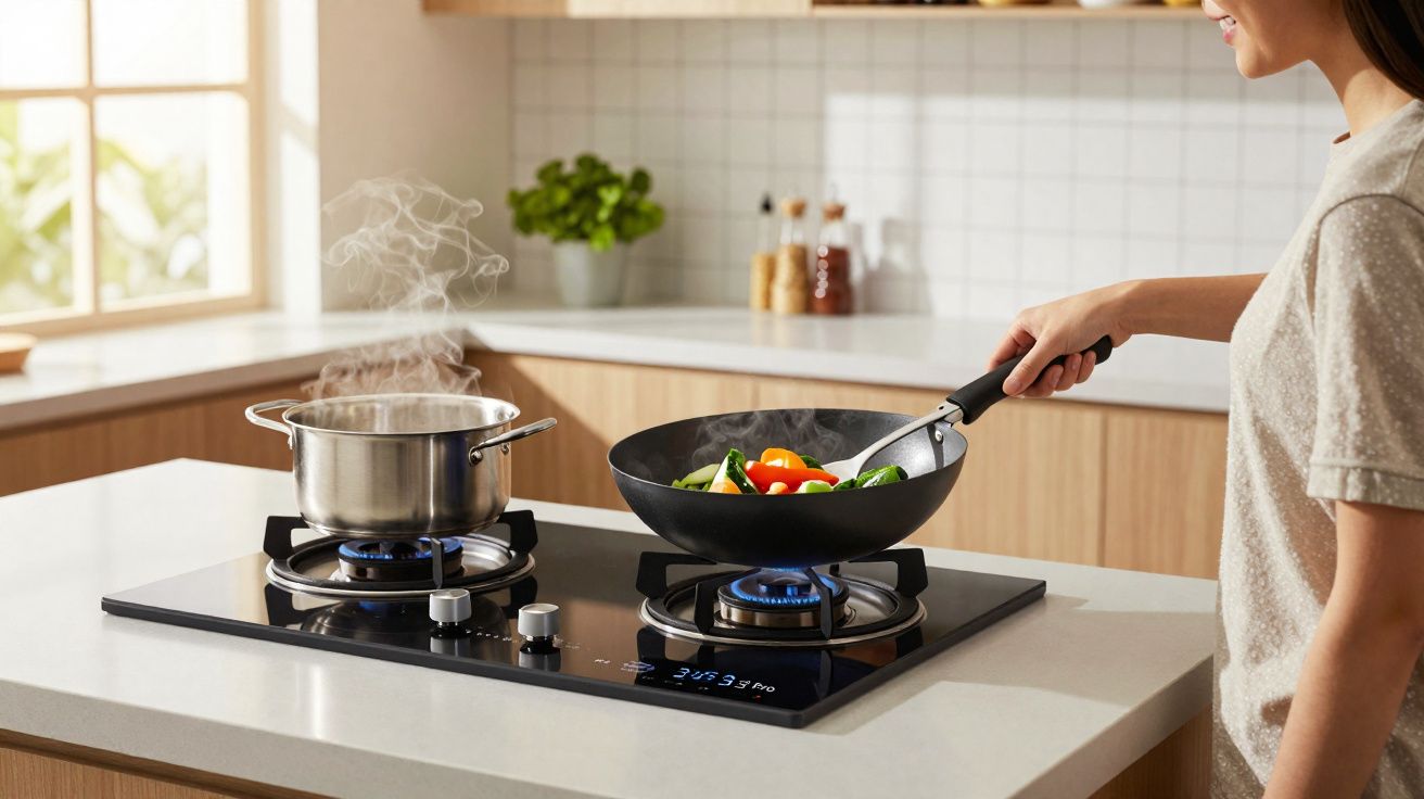 Pessoa cozinhando vegetais em frigideira e panela com vapor em fogão moderno na cozinha.