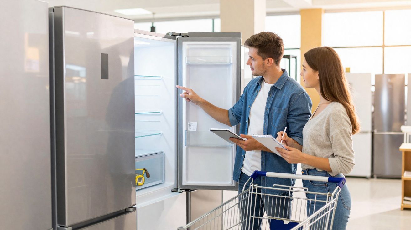 Casal jovem analisando características de geladeira aberta em loja de eletrodomésticos com carrinho de compras.