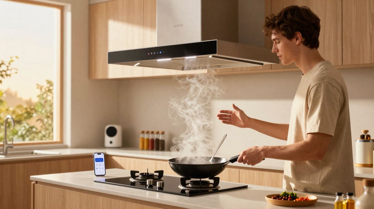 Jovem cozinhando com frigideira em cozinha moderna, com vapor saindo do fogo e celular na bancada.