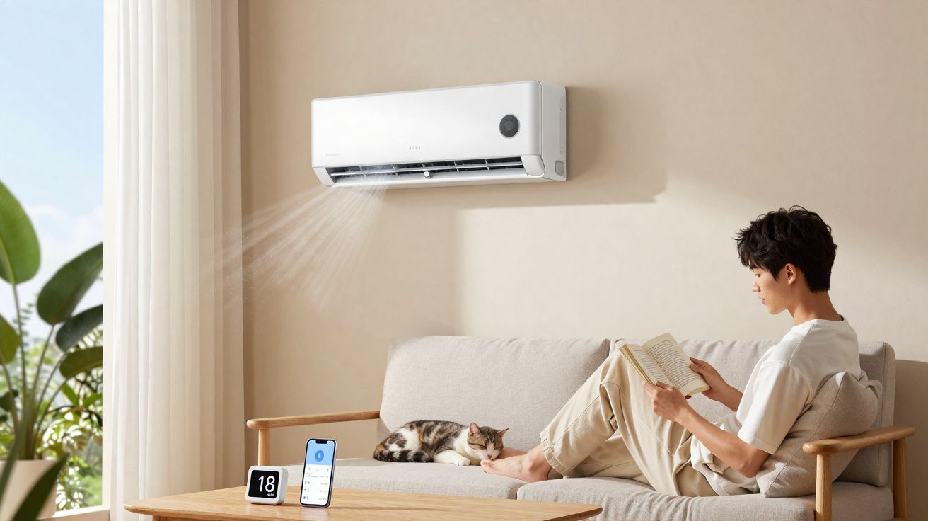 Homem sentado em sofá lendo livro, ar-condicionado ligado soprando ar e gato dormindo ao seu lado.