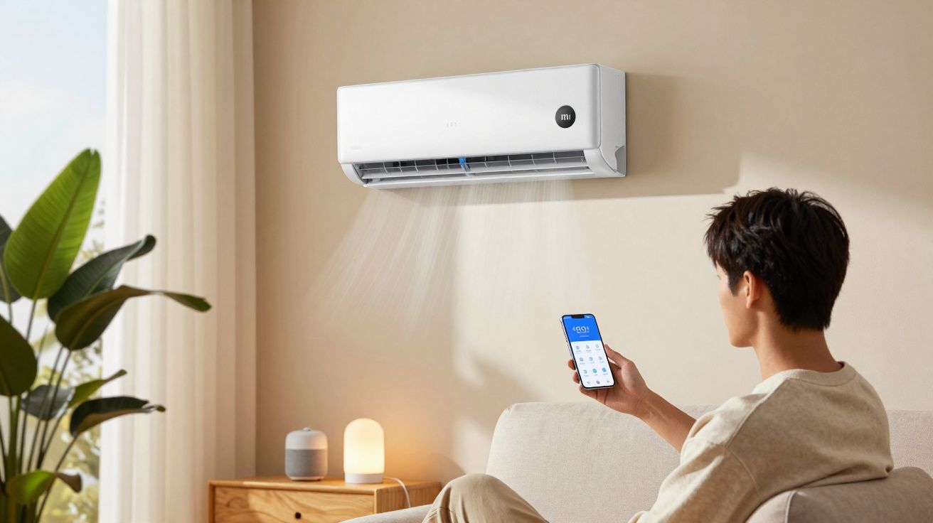 Pessoa sentada no sofá controlando ar-condicionado pelo celular em sala bem iluminada com planta.