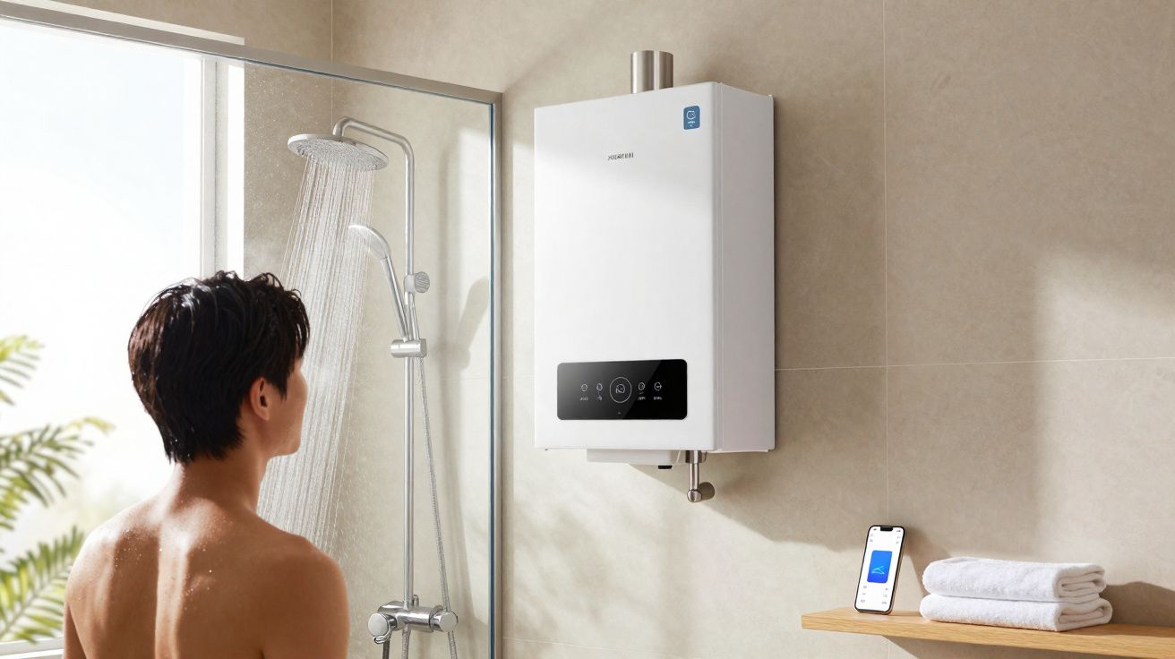 Pessoa tomando banho em box de vidro com aquecedor de água digital instalado na parede.