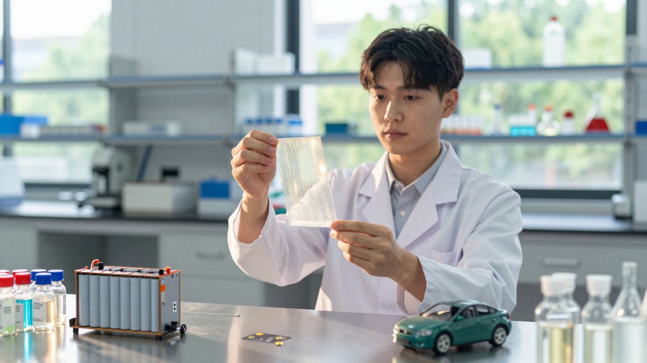 Cientista em laboratório segurando filme transparente flexível com baterias e modelo de carro elétrico na mesa.
