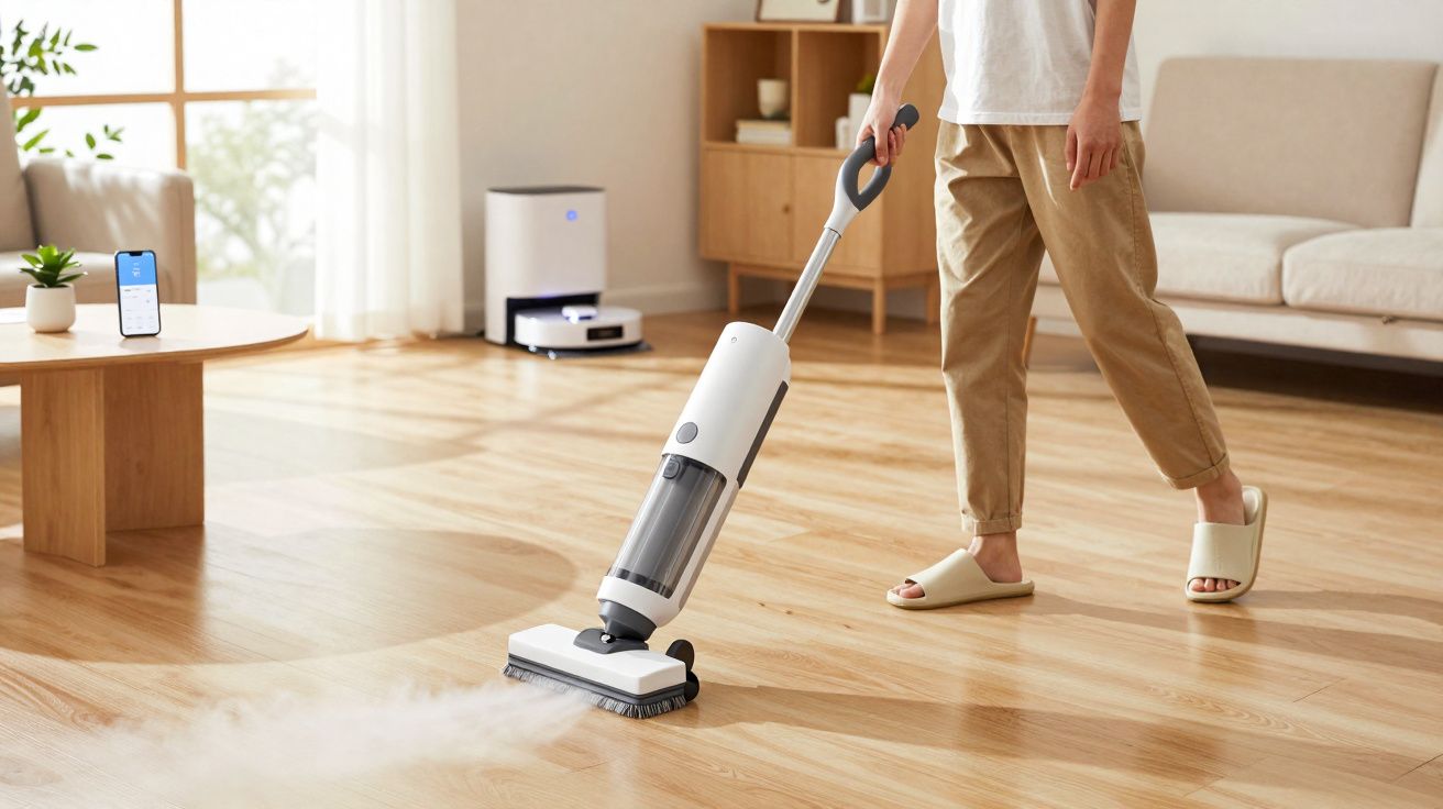 Pessoa limpando piso de madeira com aspirador a vapor em sala iluminada e moderna.