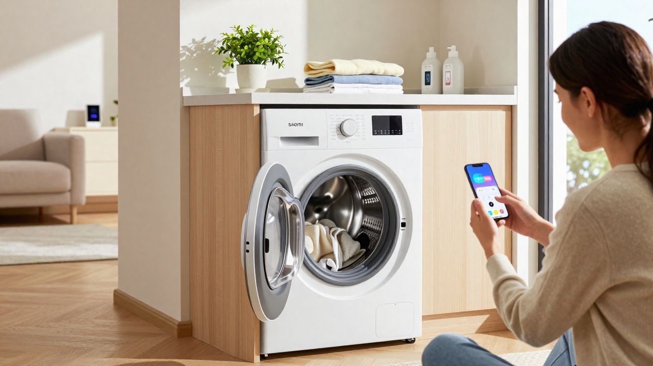 Mulher sentada no chão controlando máquina de lavar roupas branca com celular em ambiente moderno.