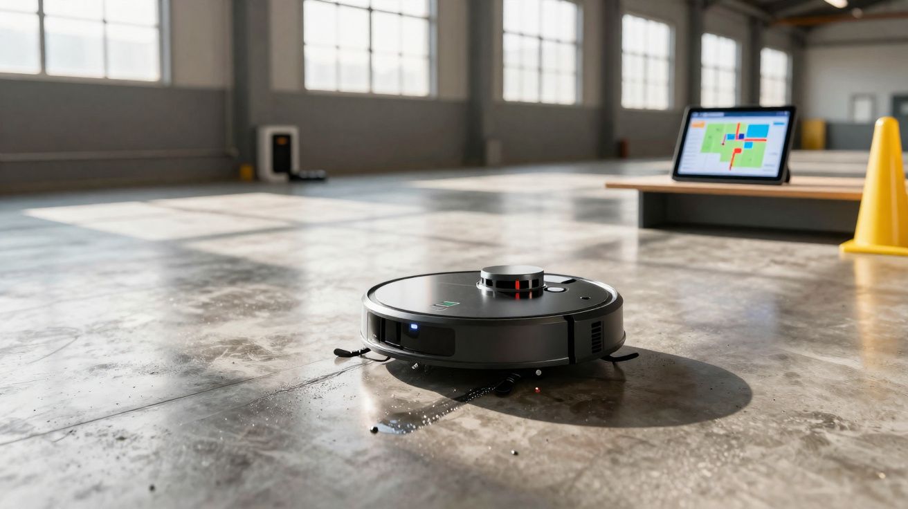 Robô aspirador limpando chão de sala ampla com tablet ao fundo mostrando mapa da limpeza.