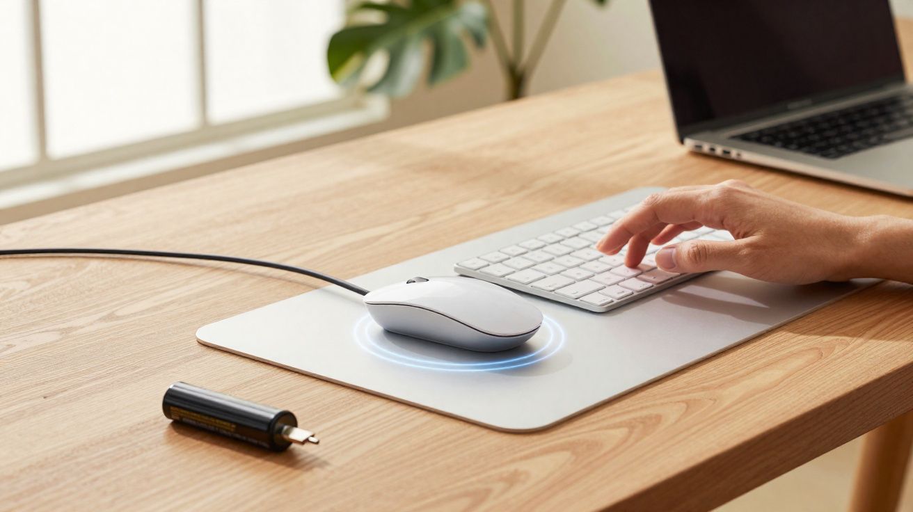 Mão usando teclado e mouse com fio sobre mesa de madeira ao lado de bateria e notebook fechado.