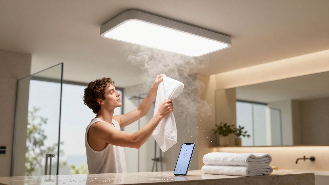 Jovem retirando vapor de toalha branca em banheiro moderno com espelho e luz no teto.