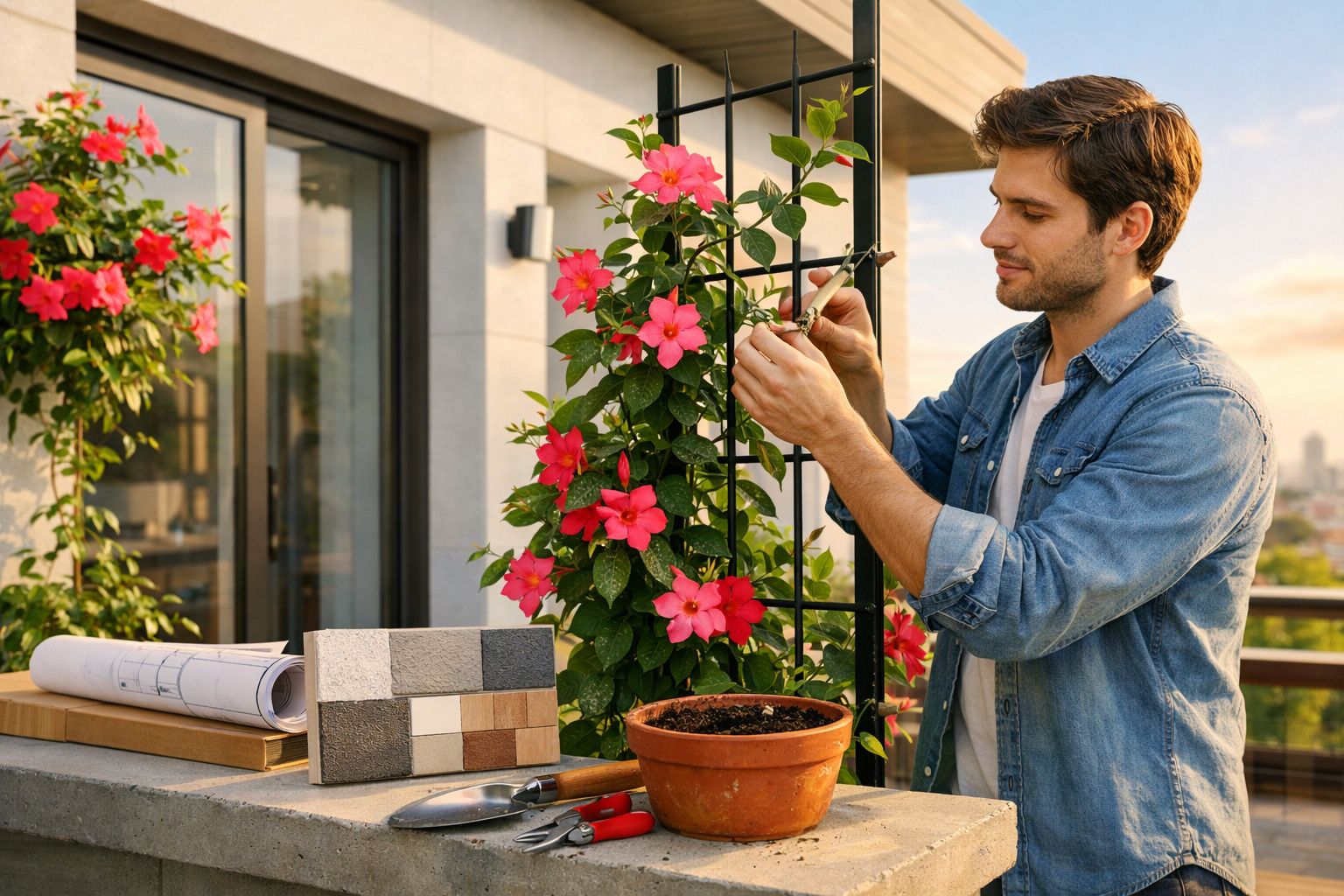 Homem cuidando de planta com flores rosas em varanda durante o dia.