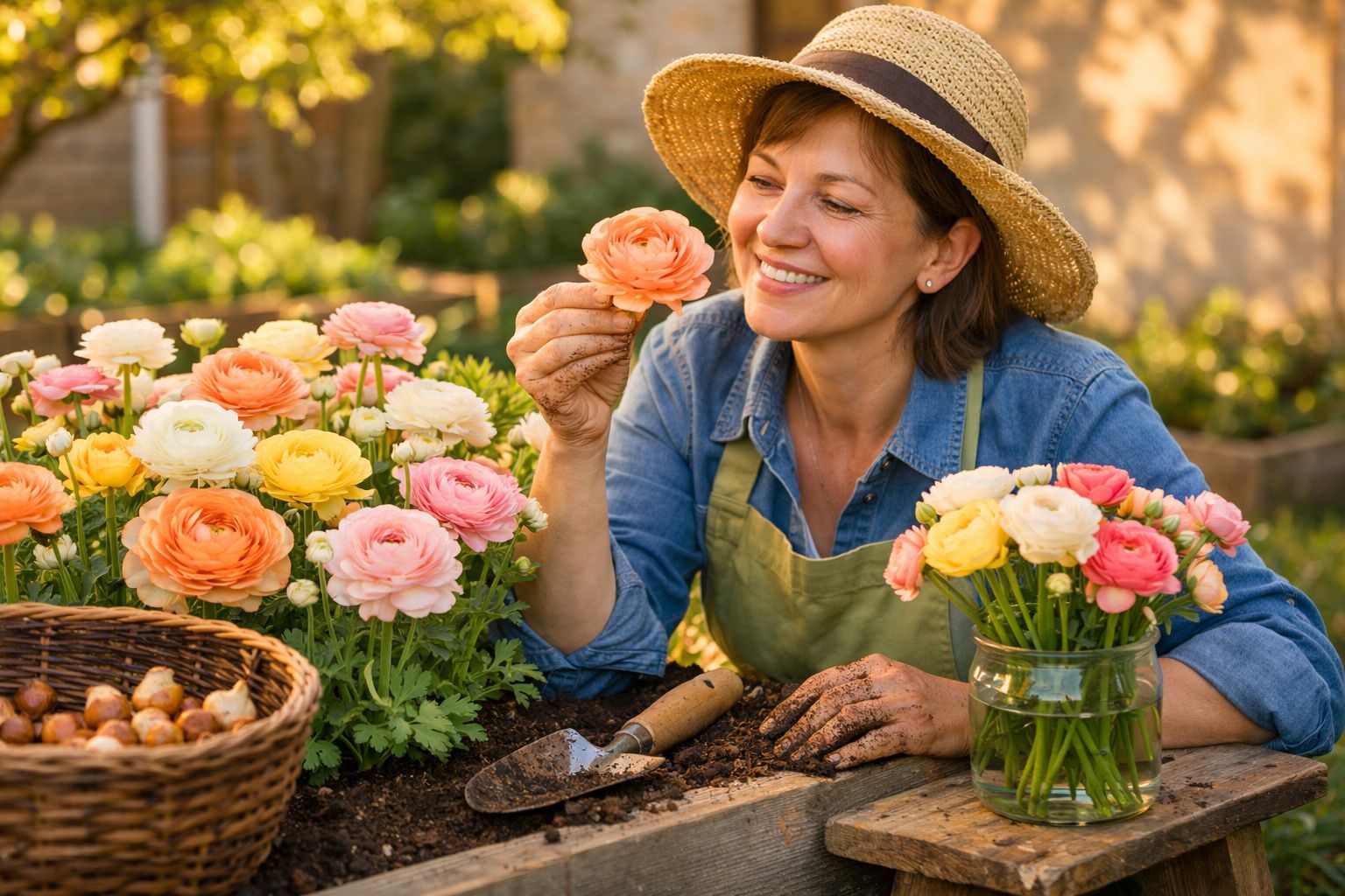 Mulher sorrindo segurando flor alaranjada no jardim com flores coloridas e vaso na mesa.