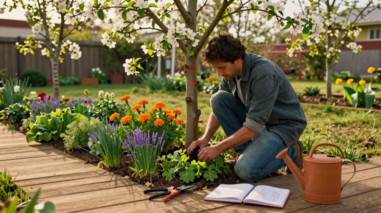 Homem cuidando do jardim ao ar livre, ao lado de flores coloridas, regador e caderno aberto.