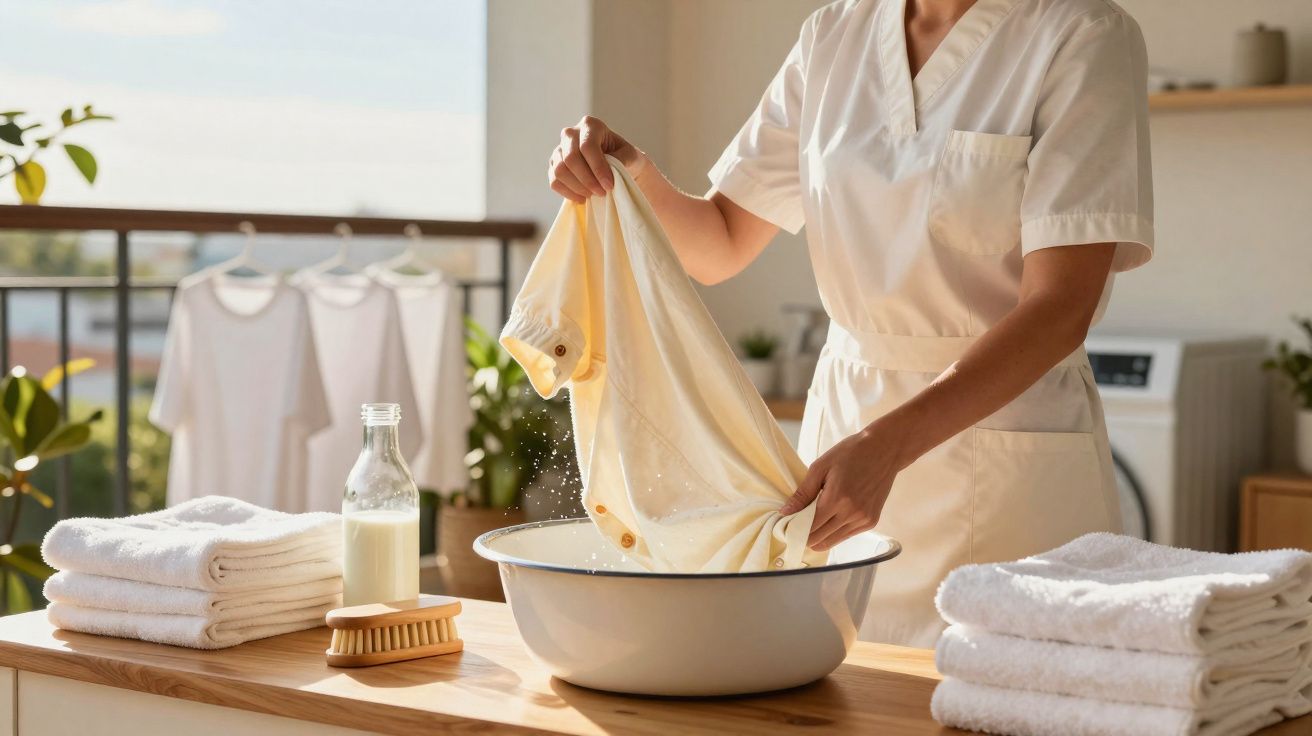 Pessoa lavando roupa branca em bacia sobre mesa com toalhas e sabão caseiro em ambiente claro.