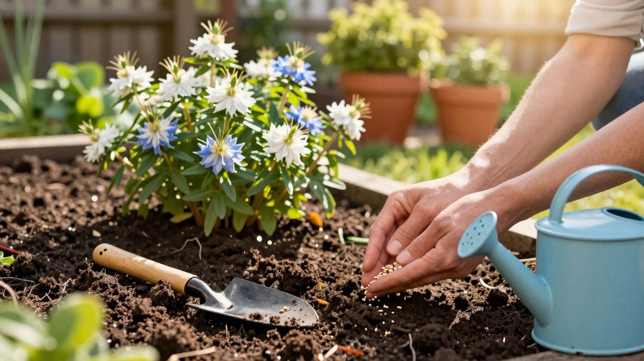 Pessoa plantando sementes em um jardim com flores brancas e azuis, regador e pá ao lado.