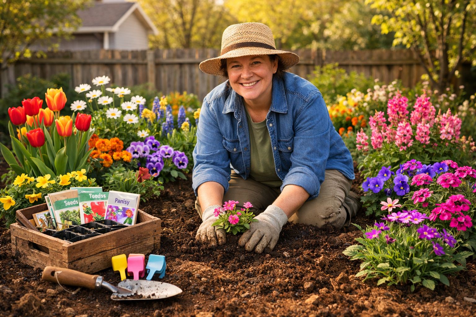 Mulher sorridente com chapéu e luvas plantando flores coloridas em jardim florido ao ar livre.
