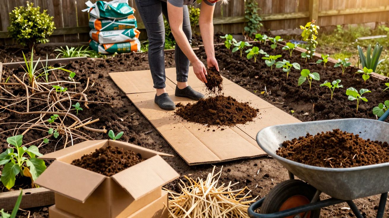 Pessoa manuseando terra em canteiro de jardim com plantas, carrinho de mão e saco de terra ao fundo.