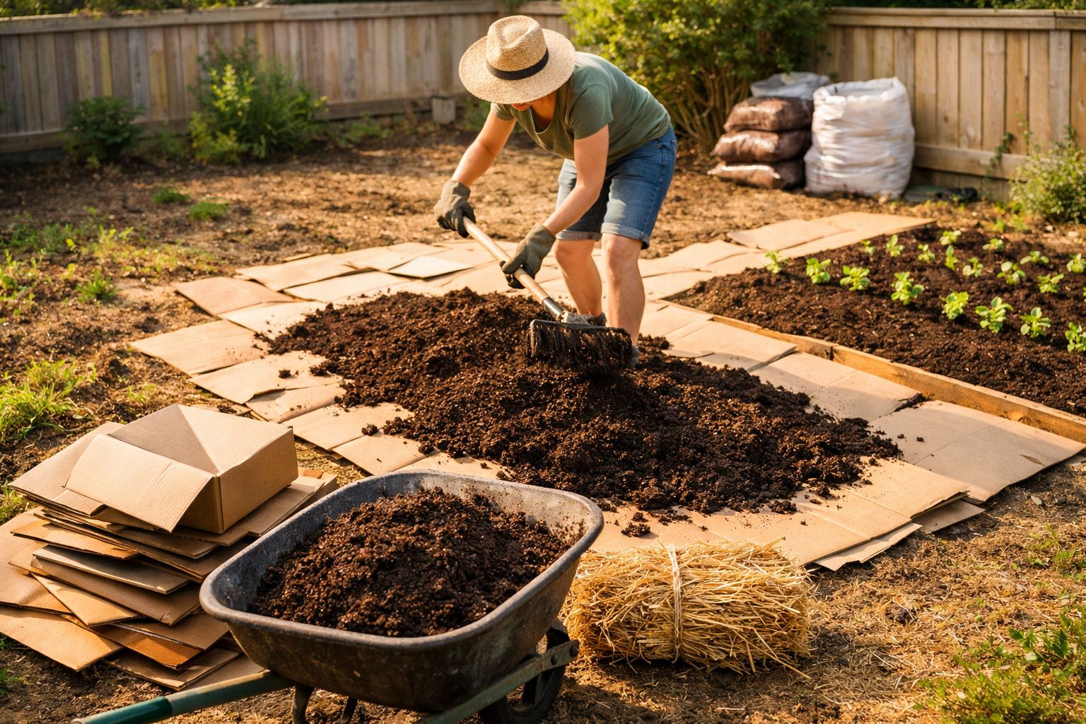 Pessoa preparando canteiro usando compostagem e cobertura de papelão em jardim residencial.