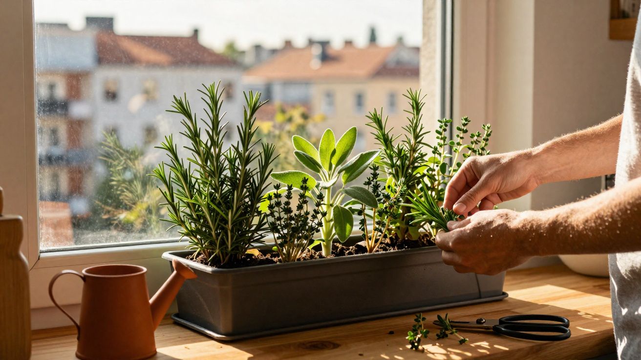 Mãos cuidando de ervas aromáticas em vaso na janela com regador e tesoura em mesa de madeira iluminada.
