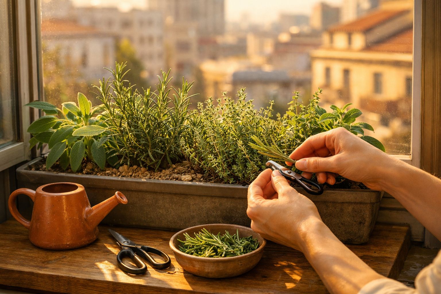 Pessoa colhendo ervas frescas em vaso na janela, com regador e tesoura ao lado.