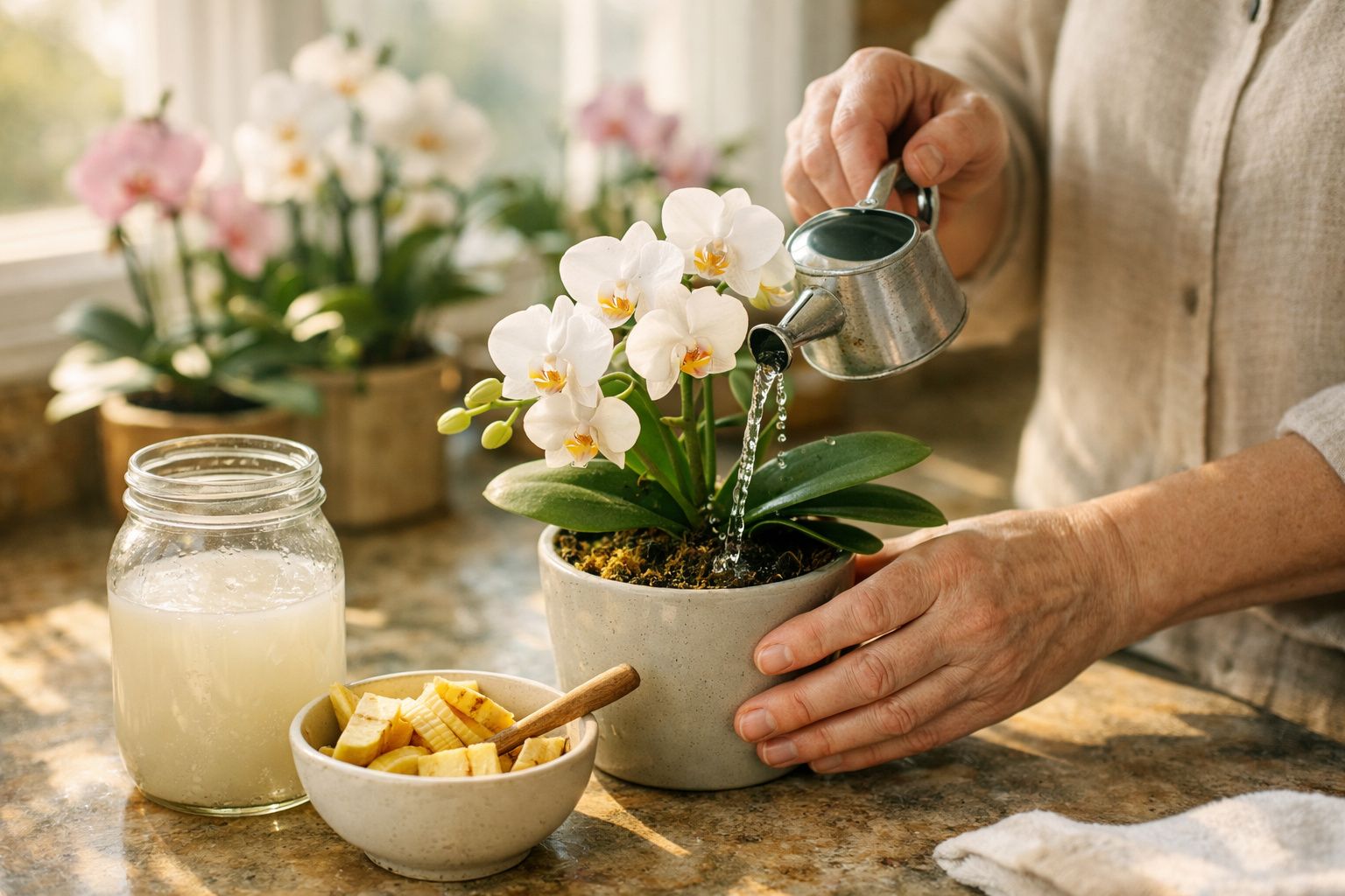 Pessoa regando orquídea branca em vaso cinza dentro de casa, ao lado de pote e tigela com pedaços de banana.
