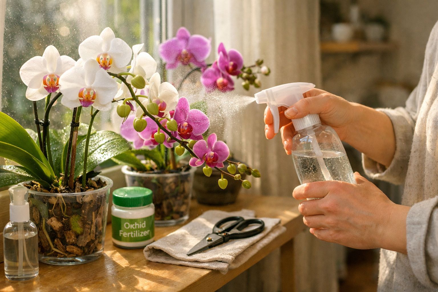 Mãos borrifando água em orquídeas brancas e rosas em vasos transparentes sobre mesa com fertilizante e tesoura.