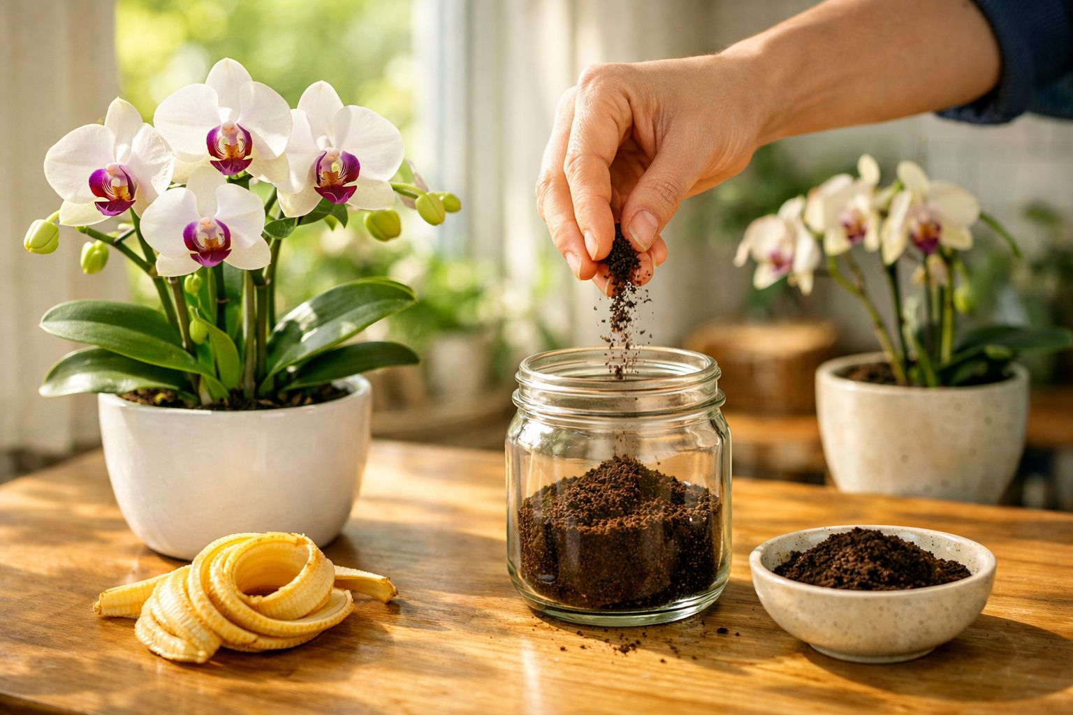 Mão colocando terra em pote de vidro, orquídeas brancas em vasos e casca de banana sobre mesa de madeira.