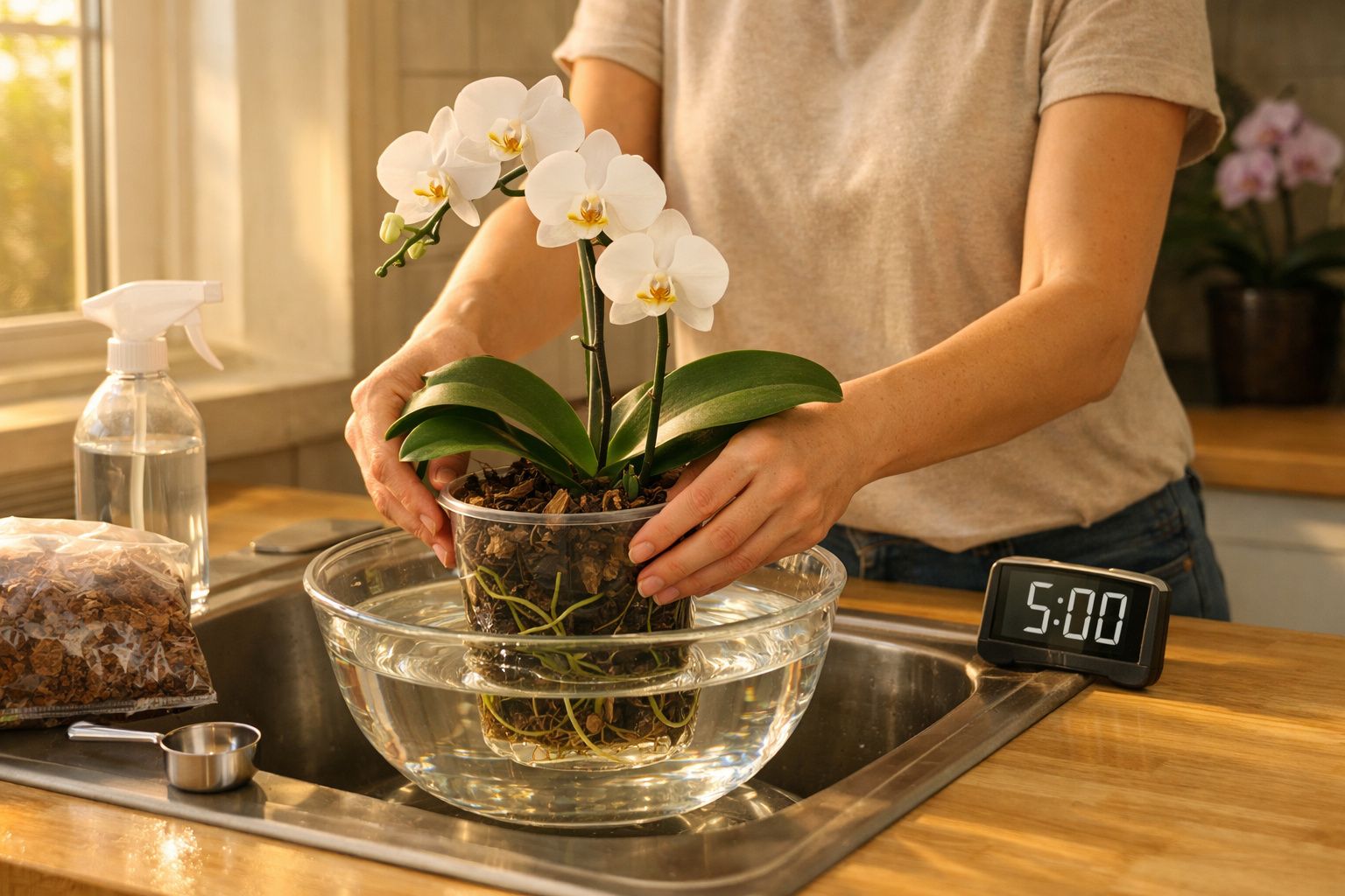 Pessoa realizando banho de orquídea branca em vaso transparente sobre uma bacia com água na pia da cozinha.