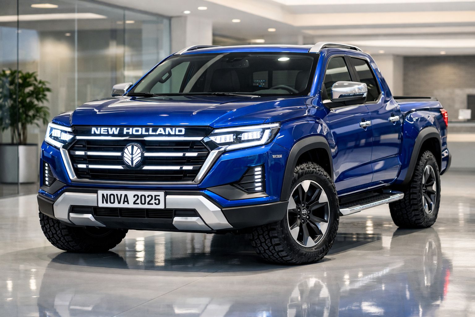 Picape azul New Holland 2025 estacionada em ambiente interno com iluminação moderna.