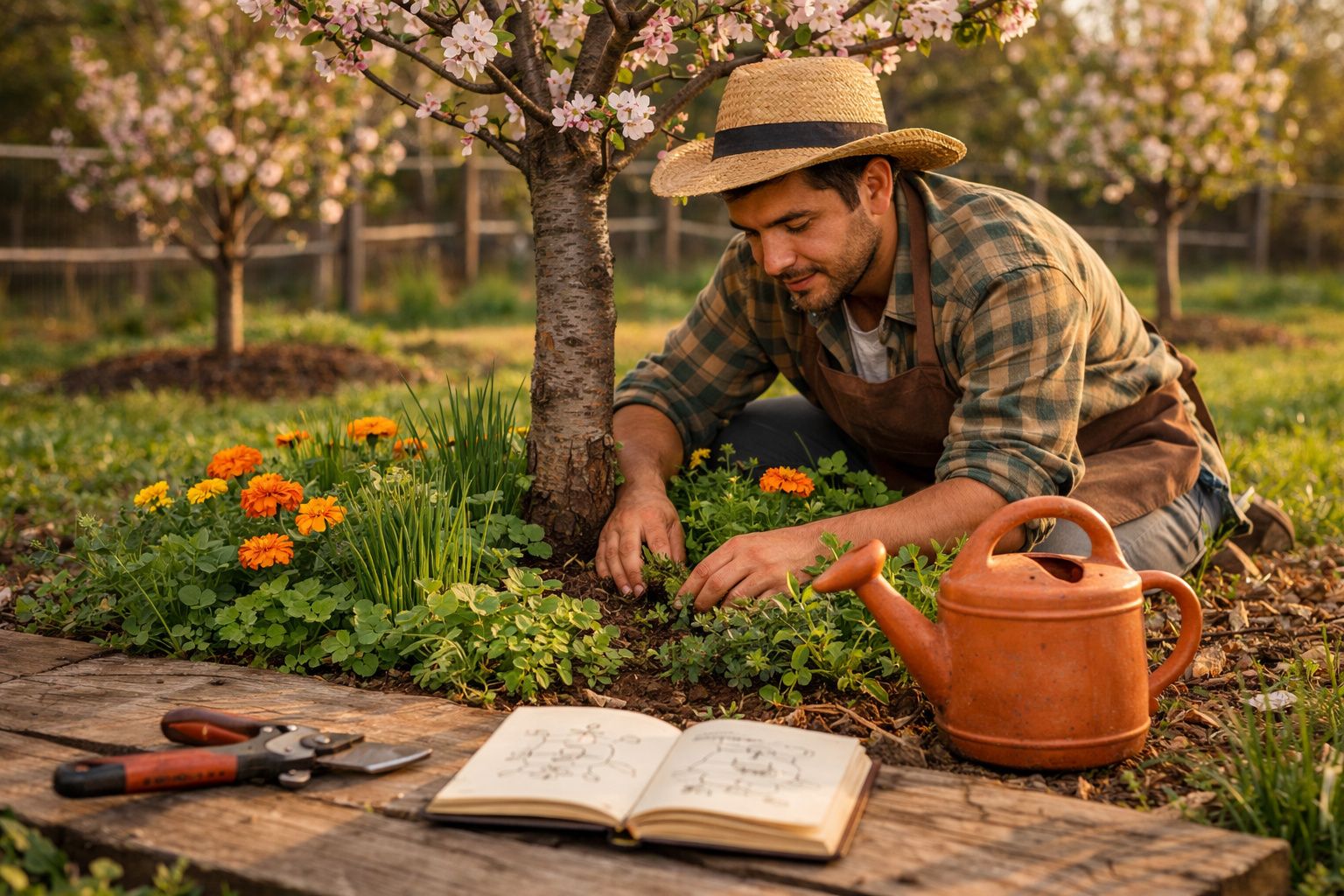 Homem com chapéu regando e cuidando do jardim com flores e livro aberto ao chão.