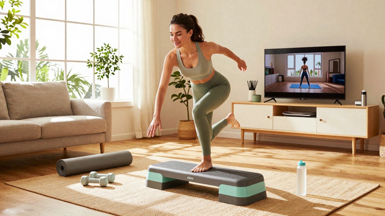 Mulher sorridente praticando exercícios em casa com vídeo de aula de fitness na TV.