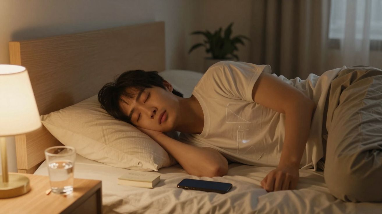 Jovem dormindo de lado na cama, com celular, copo d’água e livro ao lado, em quarto iluminado por abajur.