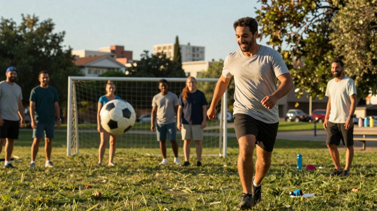 Homem correndo para chutar bola de futebol enquanto amigos observam em parque ensolarado.