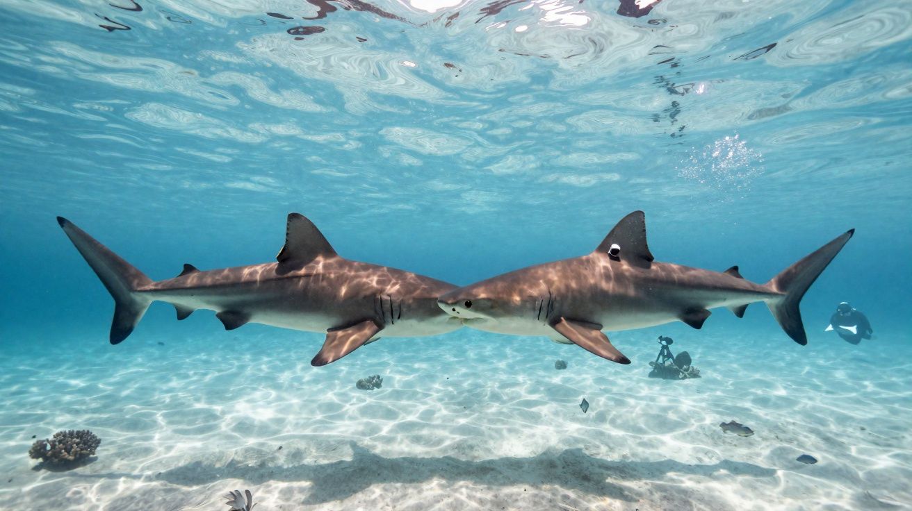 Dois tubarões nadando em água rasa com um mergulhador e equipamento de filmagem ao fundo.