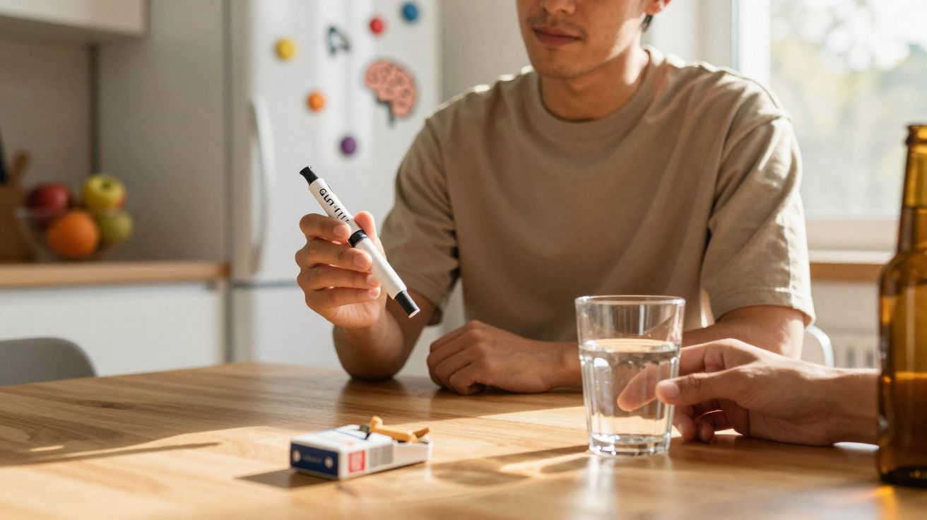 Pessoa segurando caneta de teste de glicose em mesa com copo de água e caixa de cigarro na cozinha.