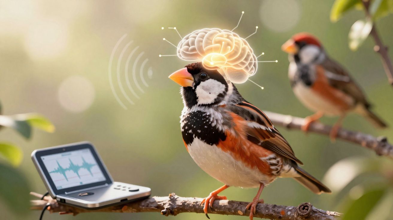Pássaro com ilustração de cérebro conectado a dispositivo eletrônico em galho, outro pássaro desfocado ao fundo.