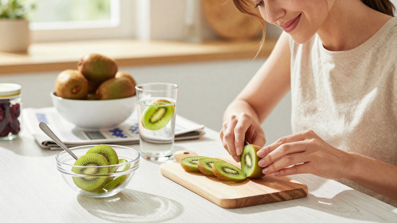 Mulher fatiando kiwi em tábua de madeira em cozinha iluminada com tigela e copo ao lado.