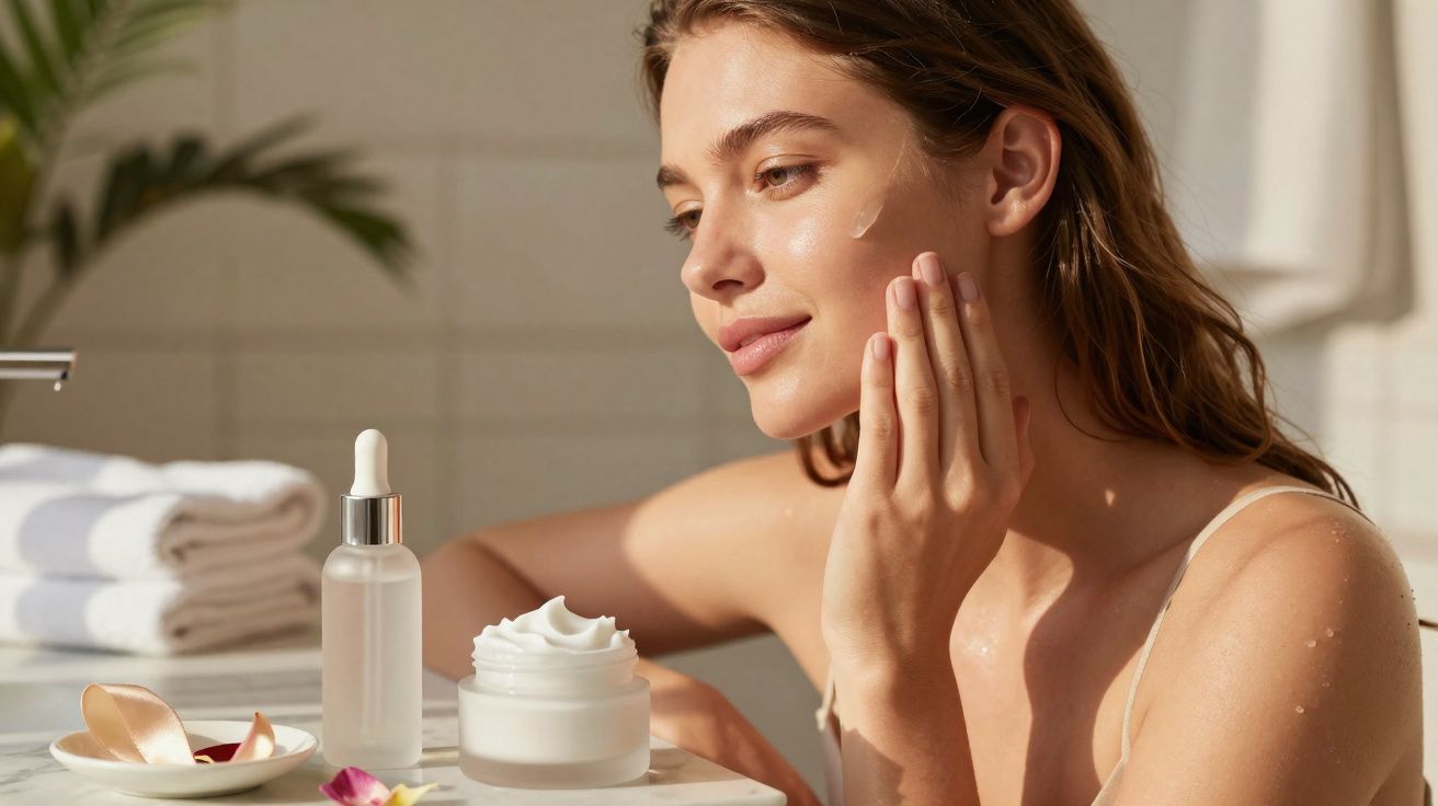 Mulher aplicando creme no rosto em banheiro com produtos de cuidados da pele sobre bancada.