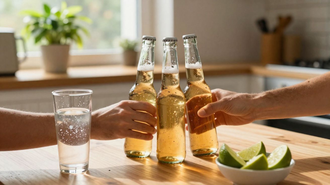 Duas pessoas brindando com garrafas de cerveja clara em mesa de madeira com copo de água e bowl de limão.