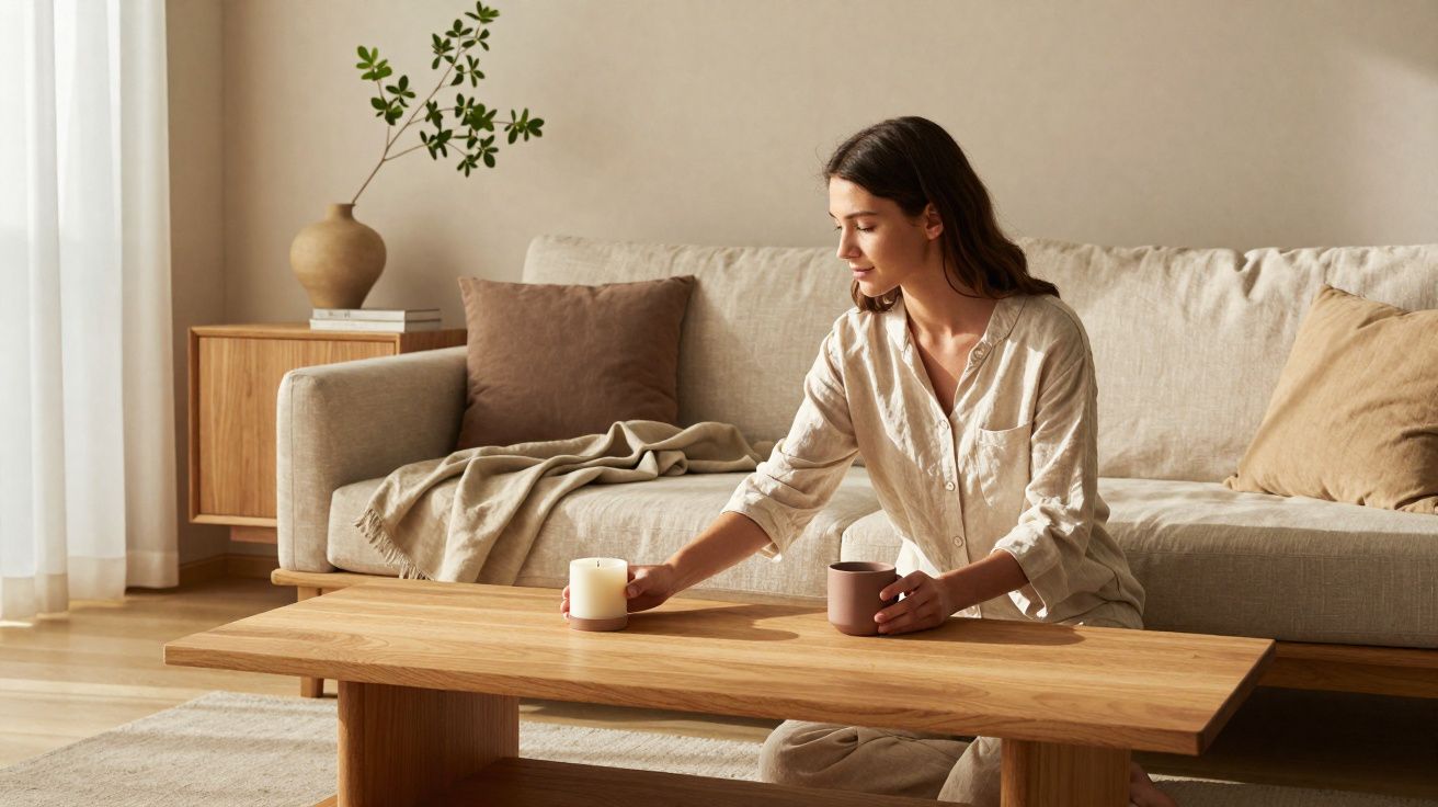 Mulher sentada no chão ajusta vela sobre mesa de madeira em sala com sofá e decoração neutra.