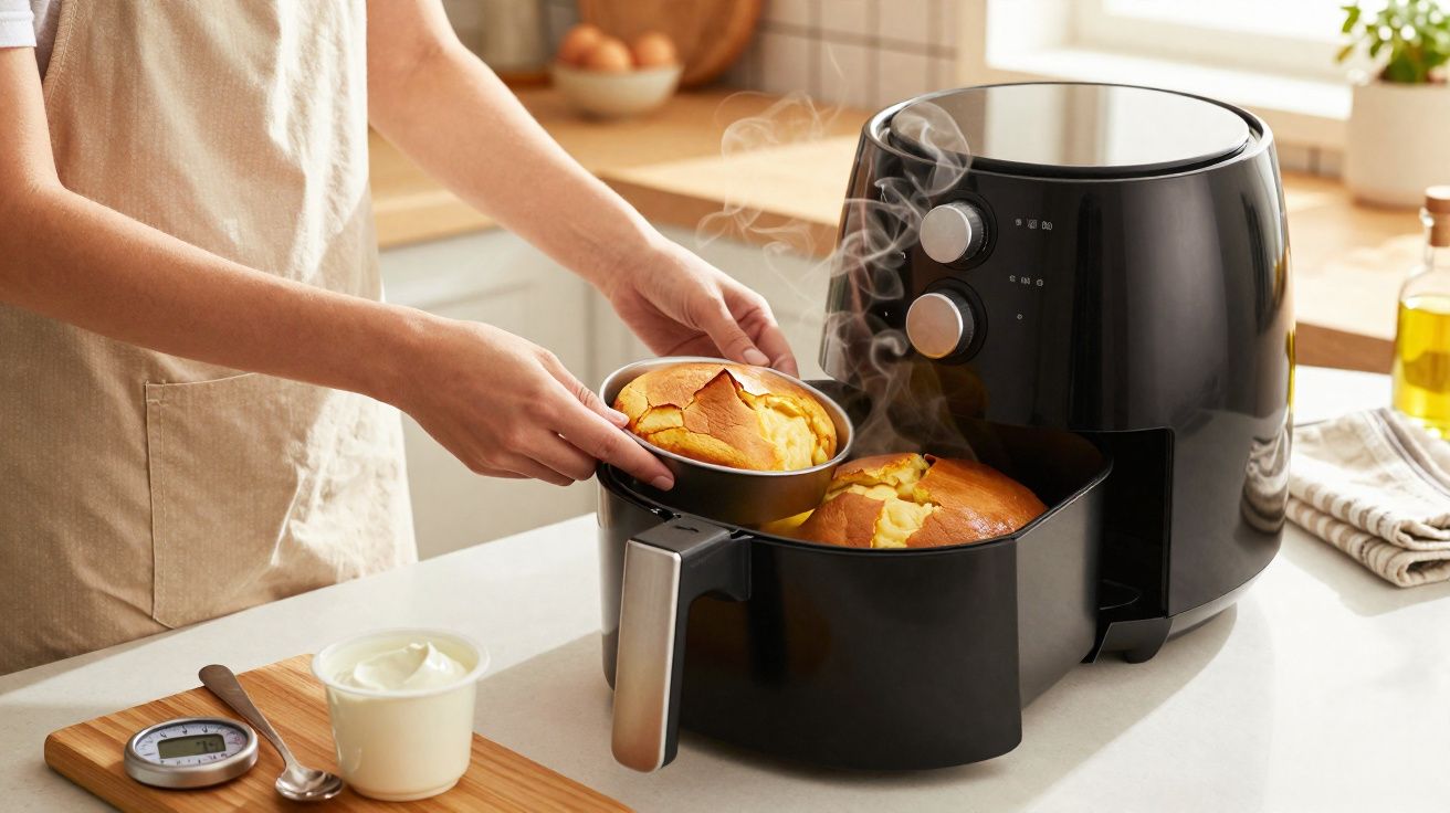 Pessoa retirando bolos quentes recém-assados de airfryer preta em cozinha iluminada.