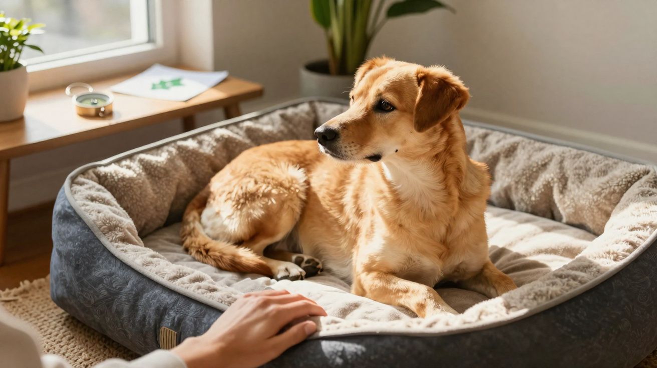Cachorro de pelo dourado deitado em cama acolchoada cinza ao lado de uma pessoa dentro de casa.