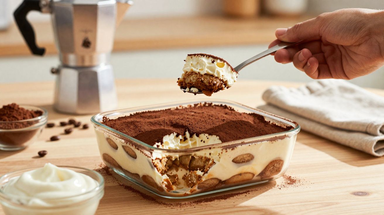 Pessoa pegando colherada de tiramisu em refratário de vidro sobre mesa de madeira clara.