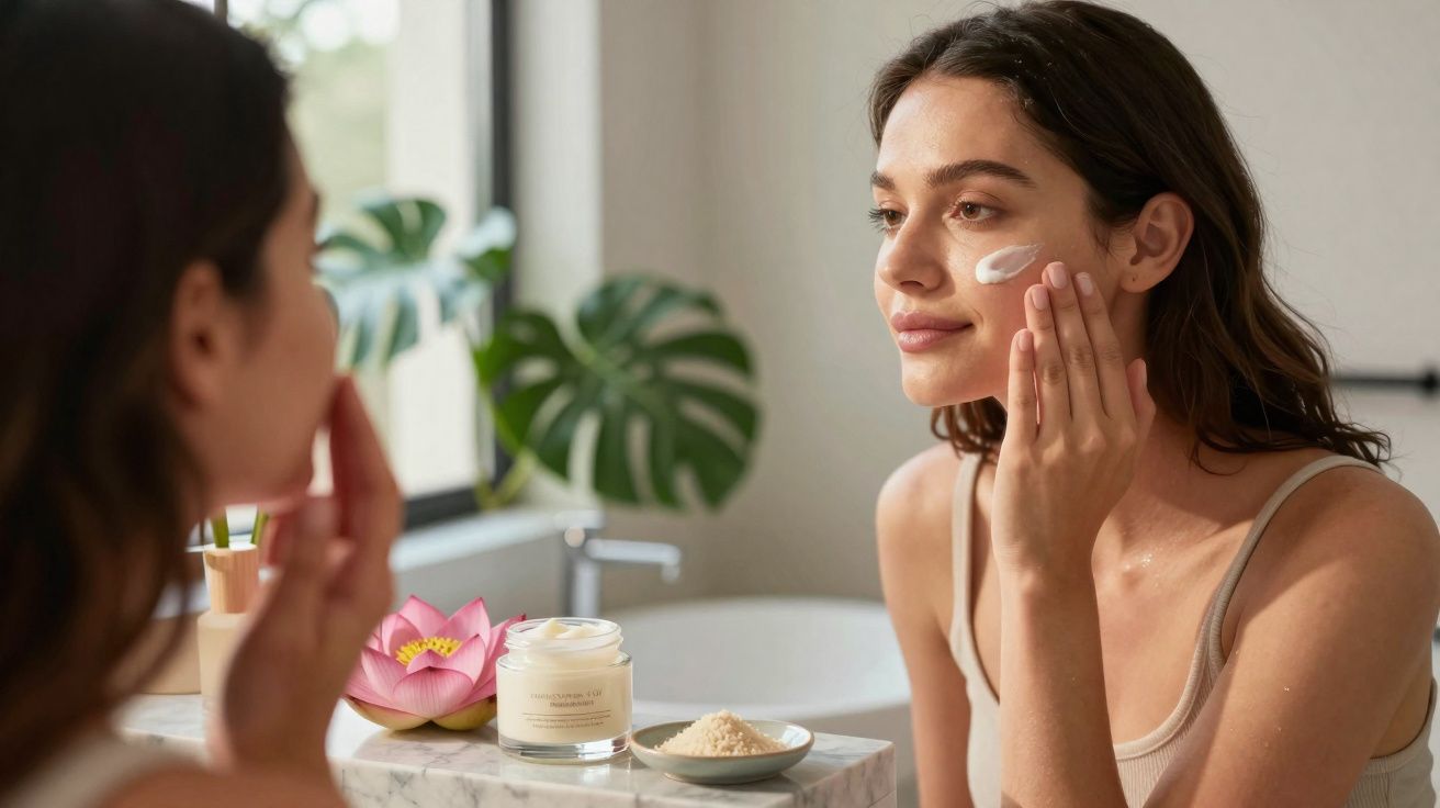 Mulher aplicando creme facial no rosto em frente ao espelho no banheiro iluminado.