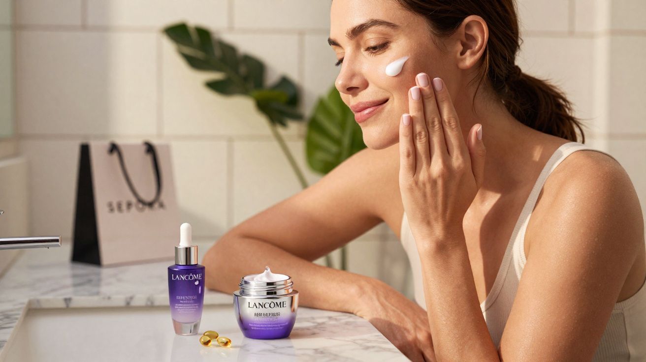 Mulher aplicando creme facial ao lado de produtos Lancôme sobre bancada de banheiro.