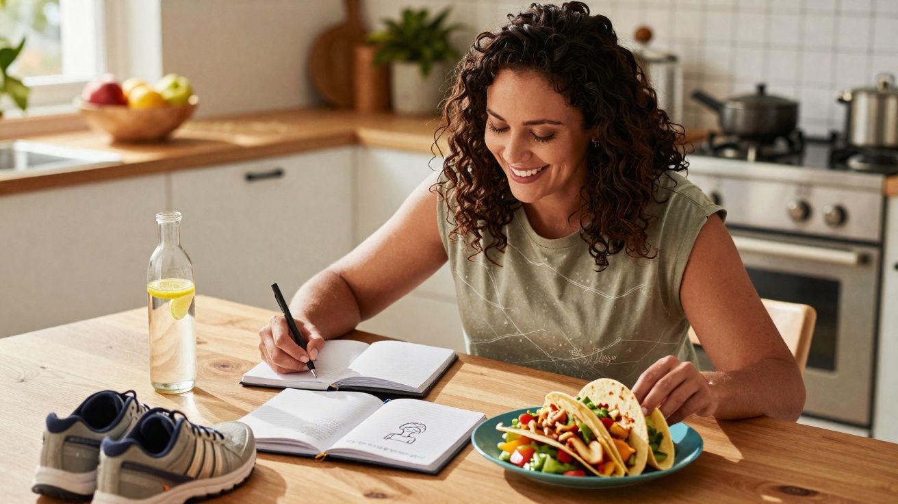 Mulher sorridente escrevendo em caderno na cozinha, com prato de tacos e garrafa de água à mesa.