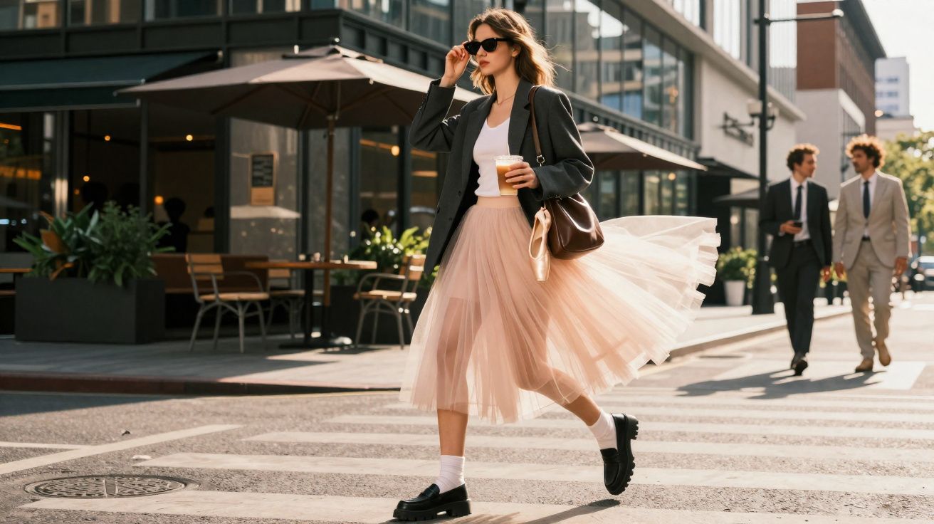 Mulher elegante atravessa rua em faixa de pedestres com vestido rosa, blazer e óculos escuros, segurando copo.