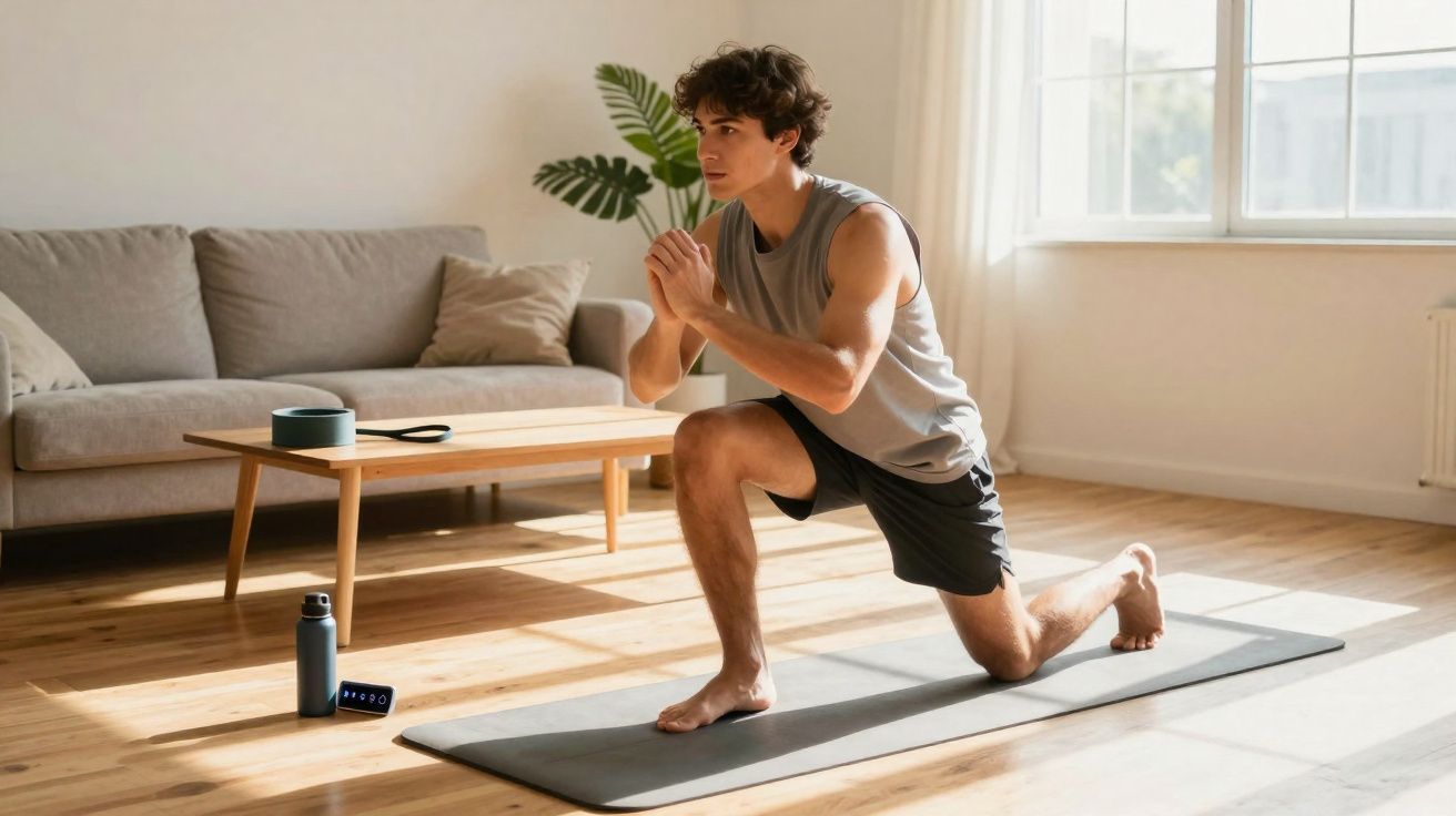 Jovem fazendo alongamento de perna sobre tapete em sala iluminada por janela grande.