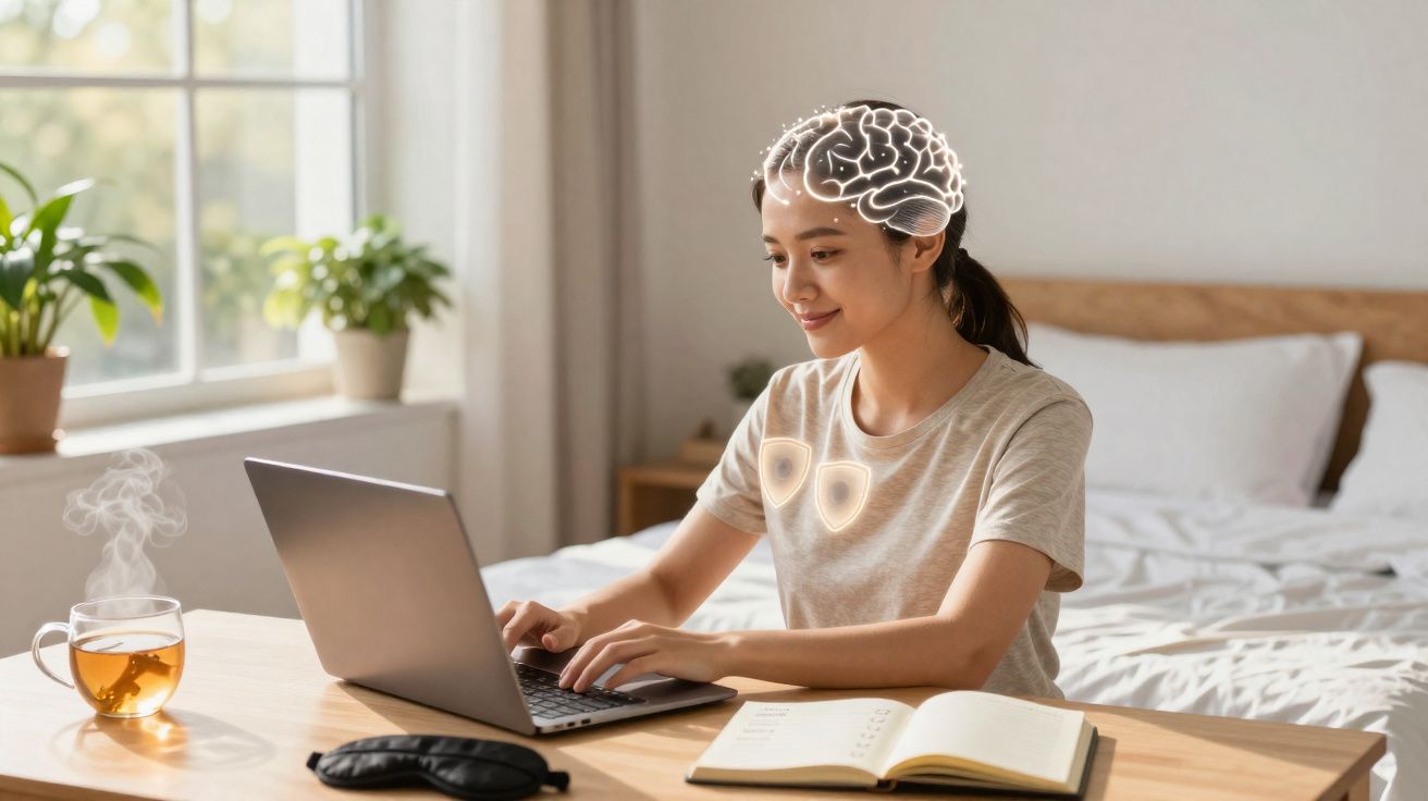 Mulher sorridente usando laptop na mesa, com chá quente, livro aberto e ilustração de cérebro e escudo.