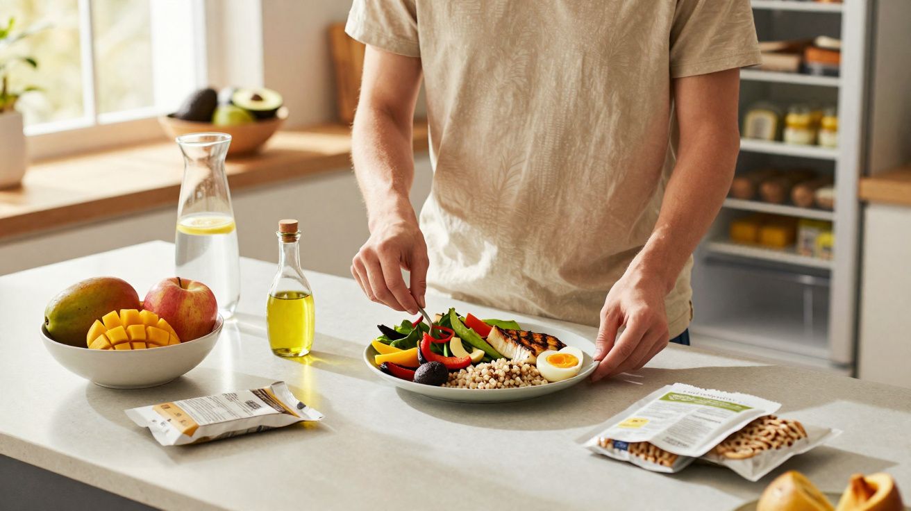 Pessoa preparando prato saudável com legumes, ovo, grãos e azeite em cozinha clara e organizada.