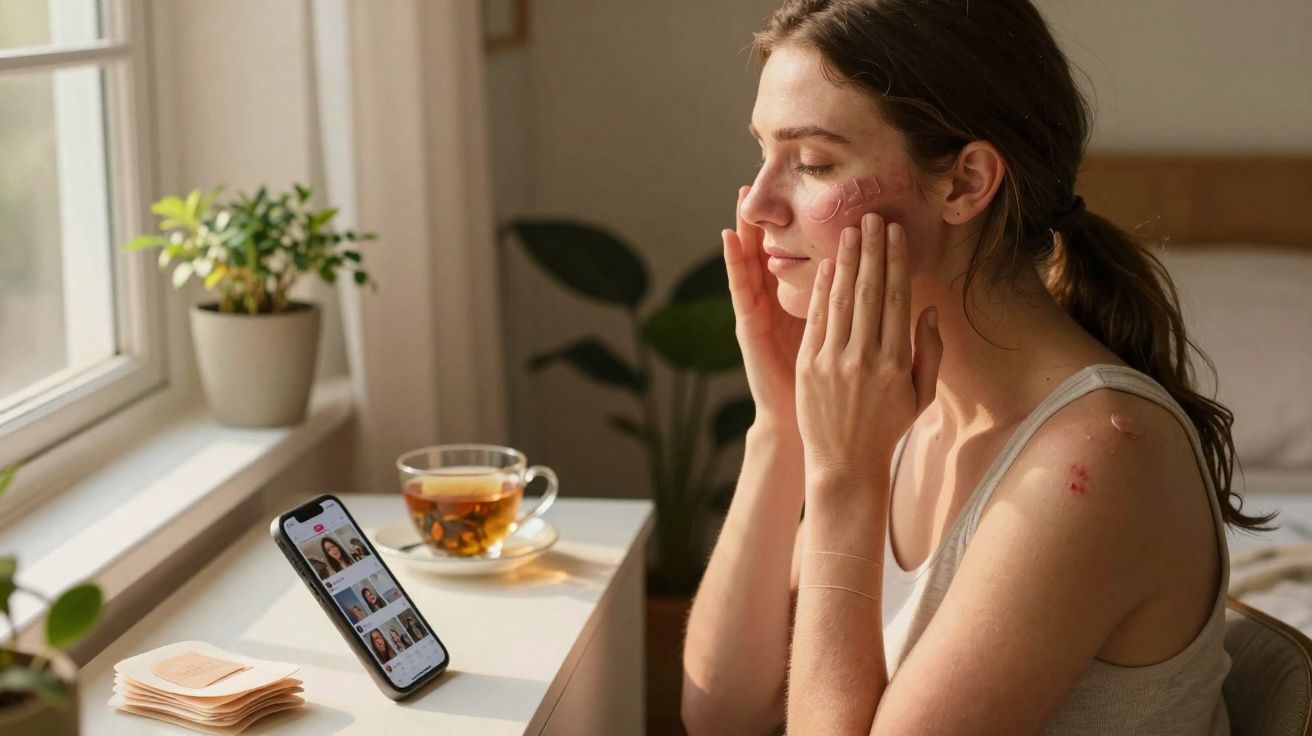 Mulher aplicando creme no rosto com acne, sentada perto de janela com celular e xícara de chá à frente.