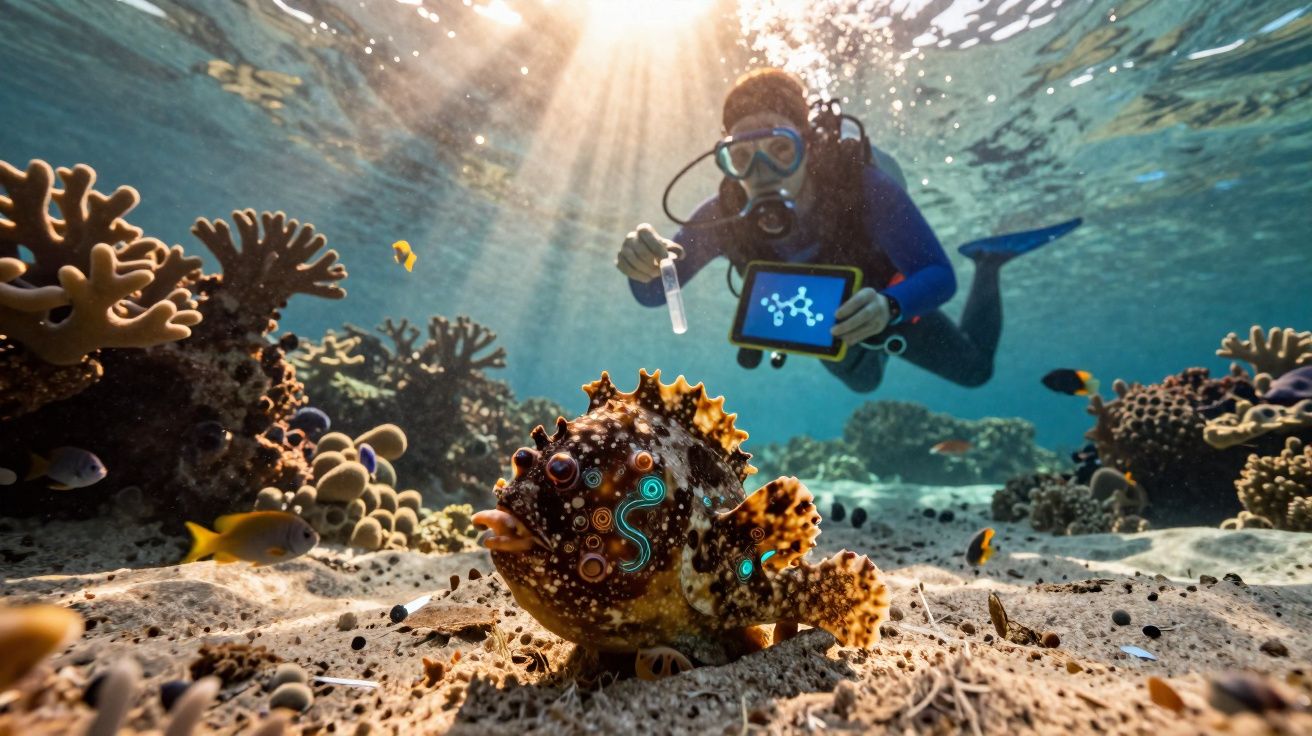 Mergulhador coleta amostra e analisa dados em tablet perto de peixe colorido em recife subaquático iluminado.